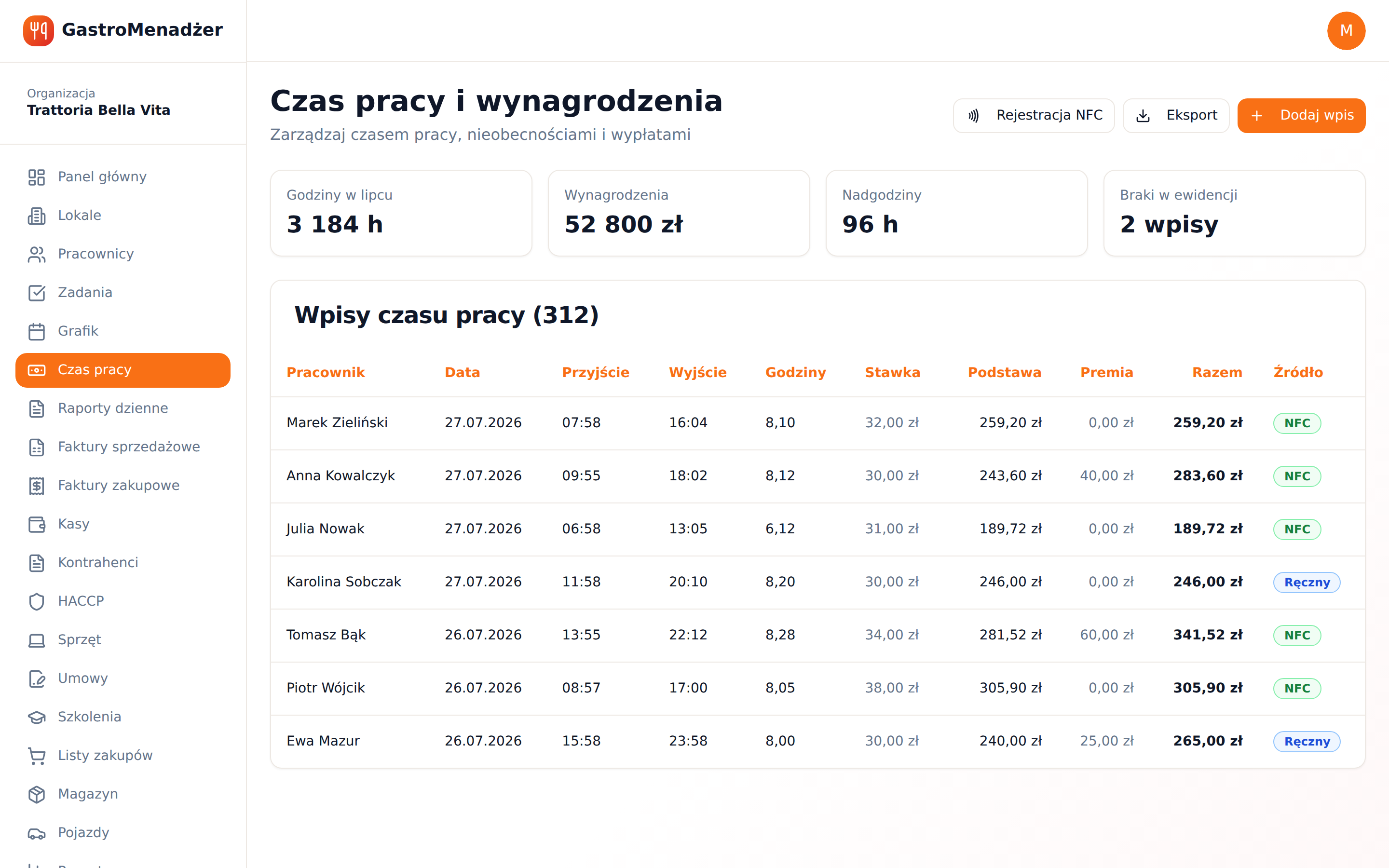 Ewidencja czasu pracy z podliczonymi godzinami