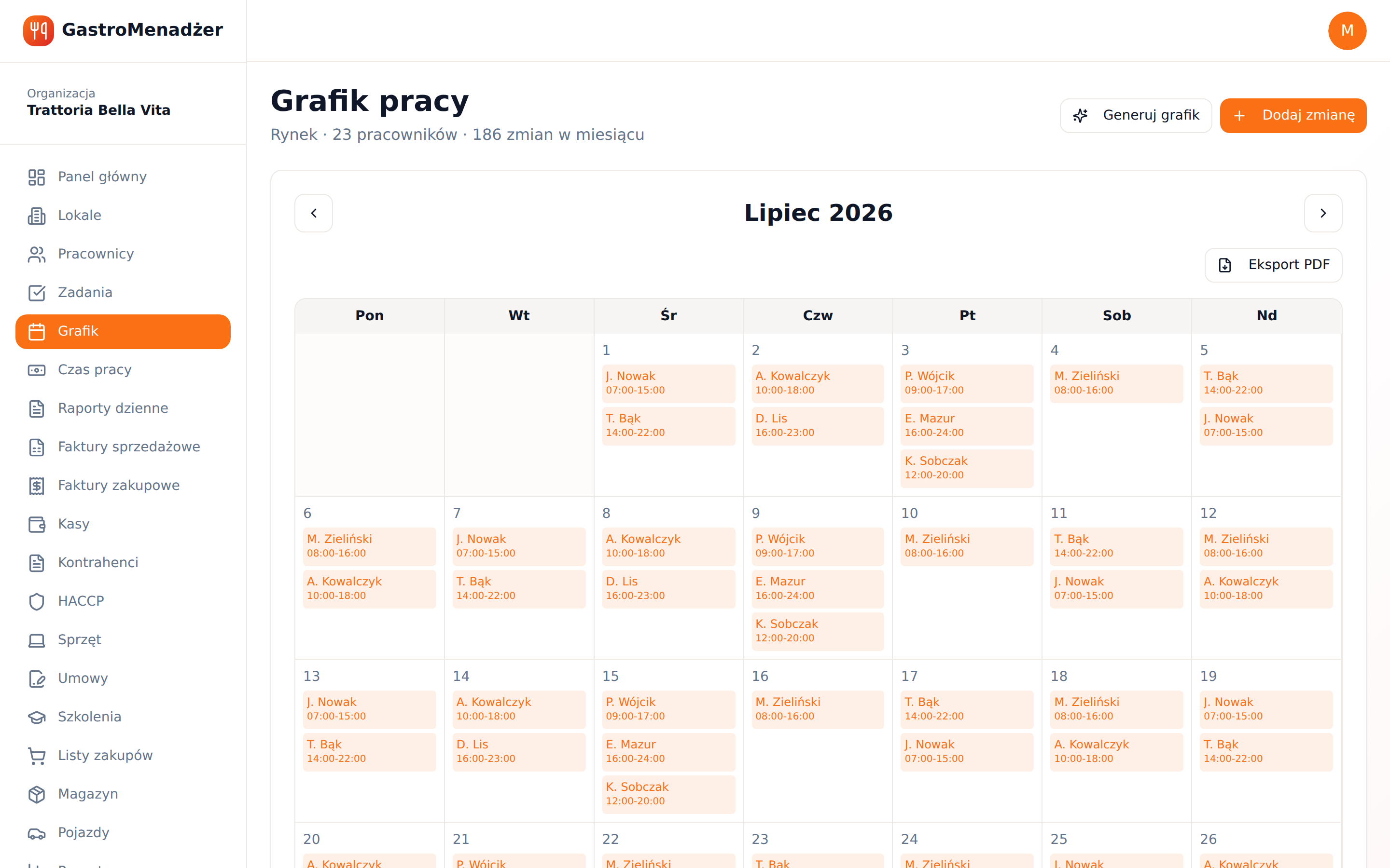 Grafik pracy w widoku miesięcznym