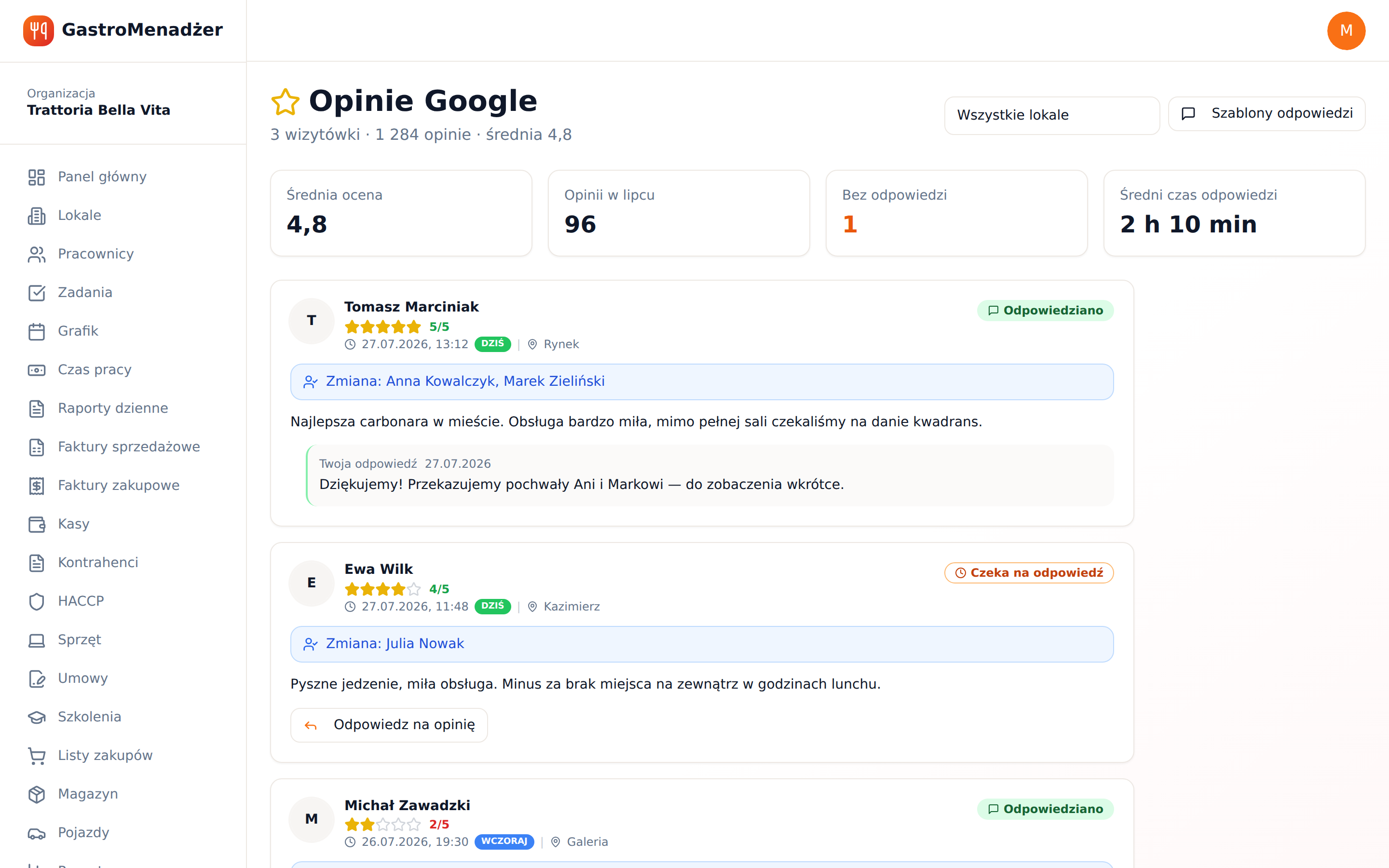 Panel opinii Google w GastroMenadżerze
